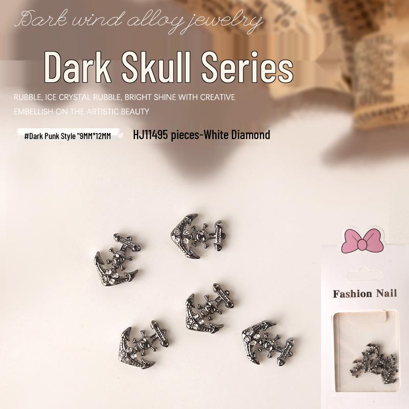 Dark Skull Retro Chrome Heart Scarlet Cross Nail Rhinestone Embellishments - 5 Pcs