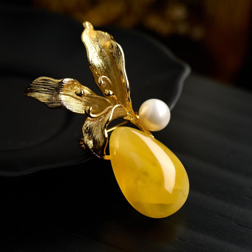 Lily Chinese Enamel Amber Brooch - Elegant Women's Qipao Suit Accessory Gift