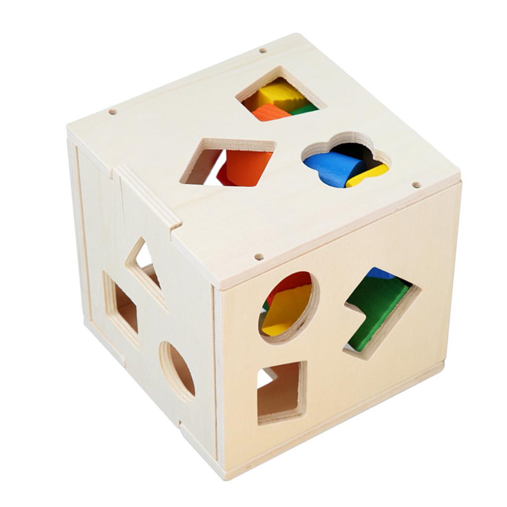 Wooden Kids Shape Sorting Toy 15 Holes Building Block Cube Box Geometric Shapes Matching Toy