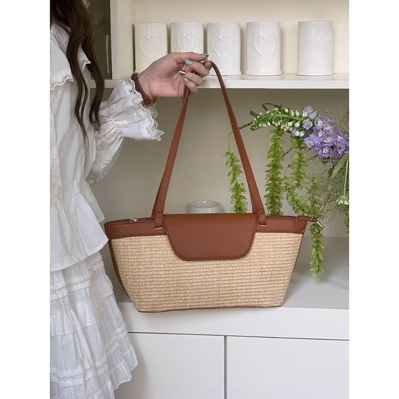 

Niche Vintage Vacation Beach Straw Bag Woven Bag Spring Ladies Bag Casual Shoulder Underarm Tote Bag коричневый
