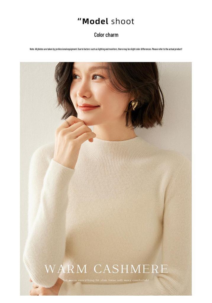 Women's Cashmere Striped Sweater: Slim-Fit Fashionable Pullover with Half-High Collar for Autumn & Winter