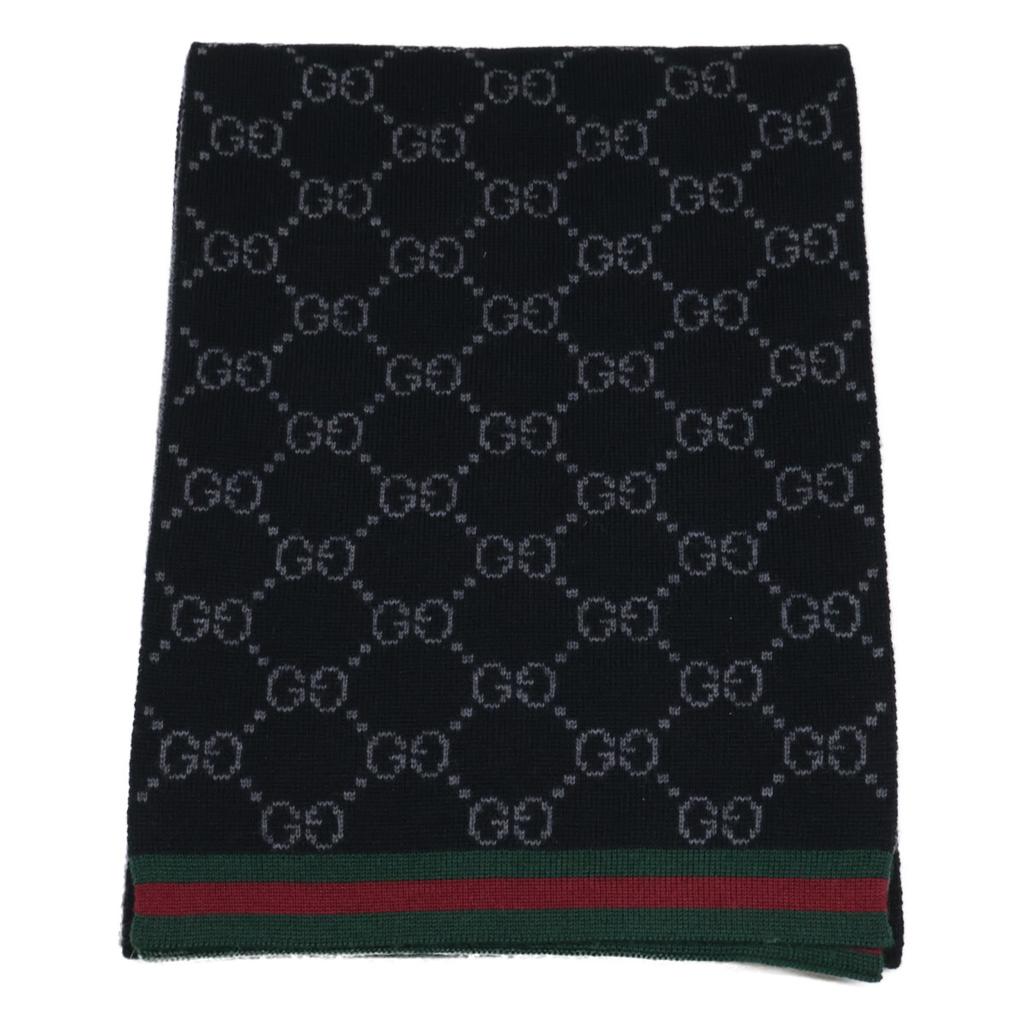 GUCCI GG logo Sherry line knit Scarf Black GreyUsed