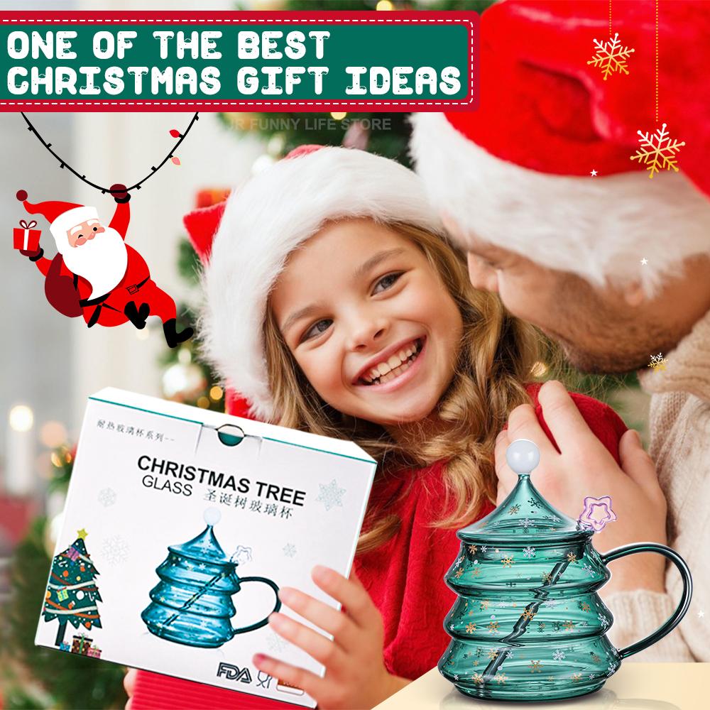 Christmas Tree Glass Cup With Lid and Stirring Rod Transparent Coffee Cup Milk Mug Tumblers For Kids Children's Christmas Gift