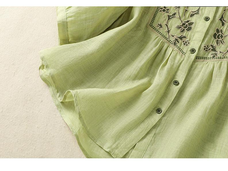 2025 Women's Retro Linen Shirt: Elegant Stand Collar, Single-Breasted, Embroidered Design