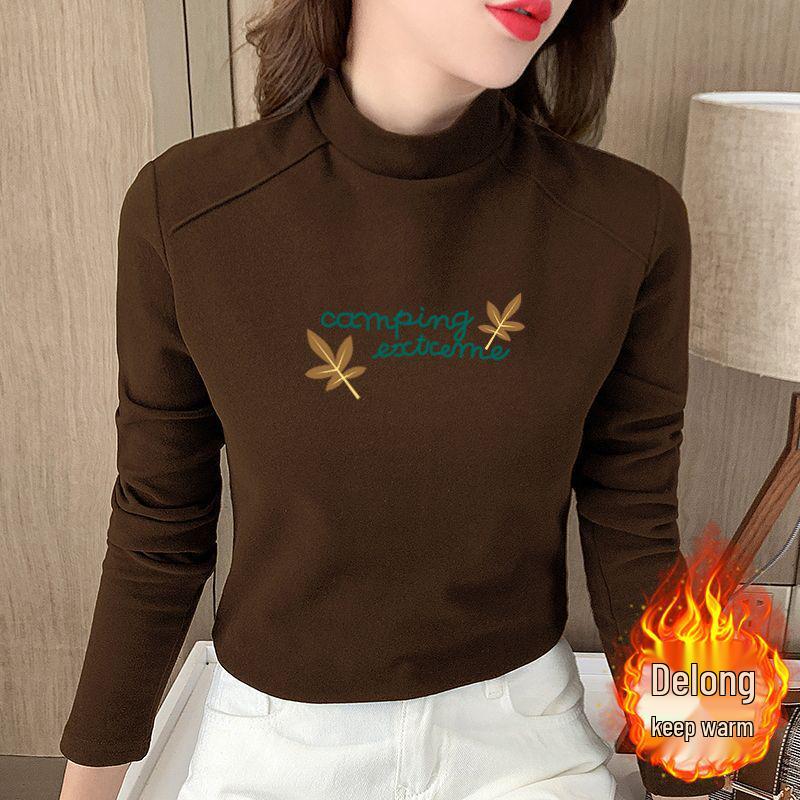 Double-Sided Velvet Long-Sleeve Semi-High Collar Fleece-Lined Women's Base Shirt - Slim Fit, Spring/Autumn Style