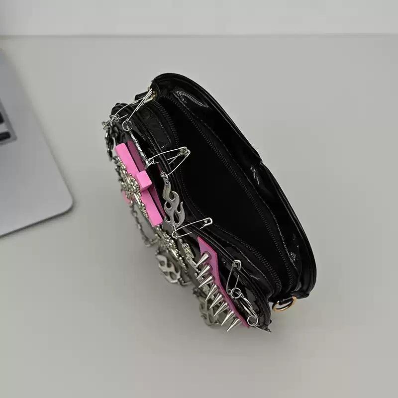 Ins Internet Celebrity Punk Style Cross-border Shoulder Crossbody Bag Women's Bag Trendy Cool Hot Girl Dark Gothic Style Rivet Heart Bag