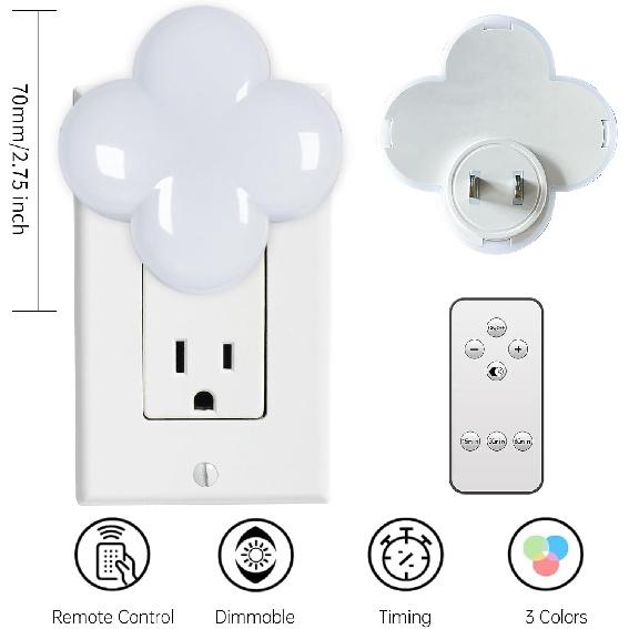 Plug In Night Light Remote Control LED Nightlight, 2 Pcs Dimmable Lamp, 3 Colors, Timer 15/30/60 Min Wall Lighting for Baby Nursery, Bedroom, Kid