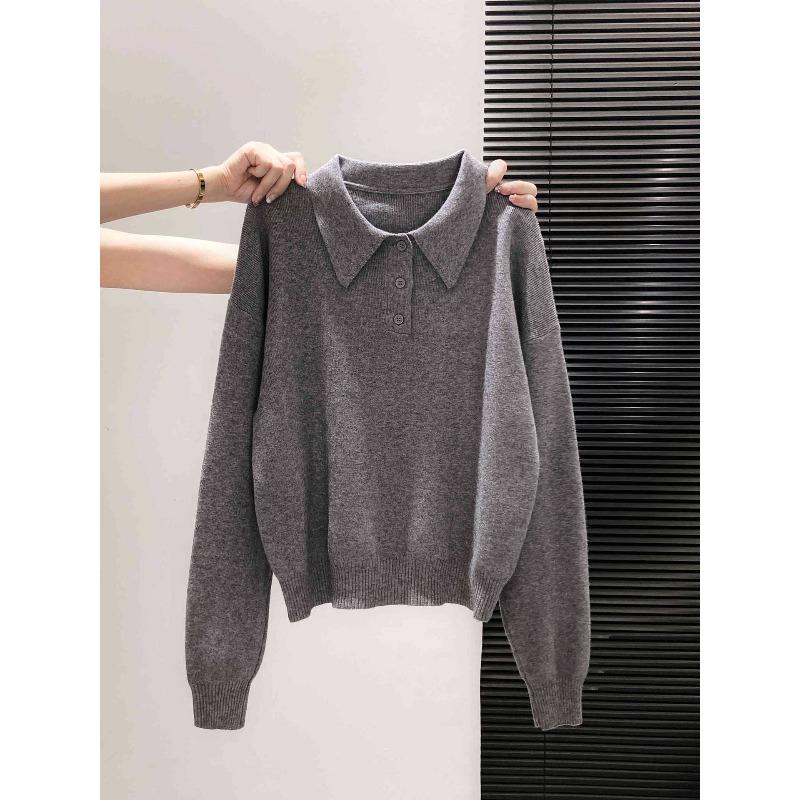 Temperament soft waxy button olo lapel knitted sweater women's autumn versatile lazy wind loose long-sleeved bottoming top