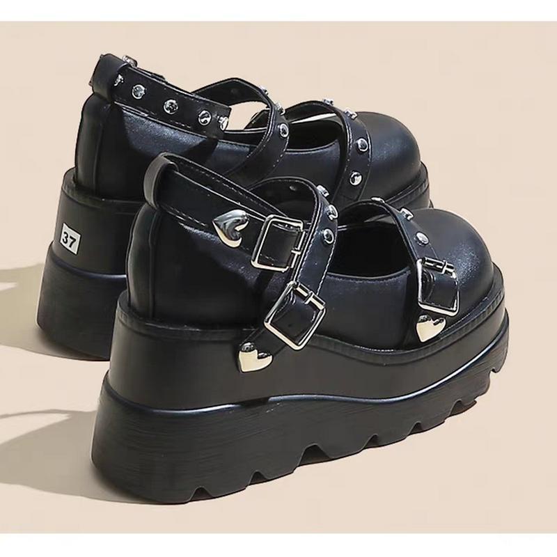 

Non-tiring Feet Block Heel Single Shoes Fashion Round Toe Metal Buckle Platform Non-slip Wear-resistant High Heels 35 чёрный