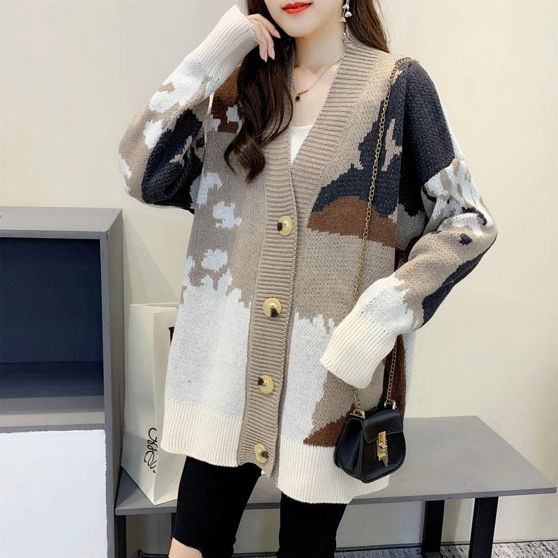Fashion Loose Knitted Cardigan Printed Sweater Women's 2025 New V Neck Long Sleeve Casual Office Simple Spring and Autumn Coat Outside Clothing