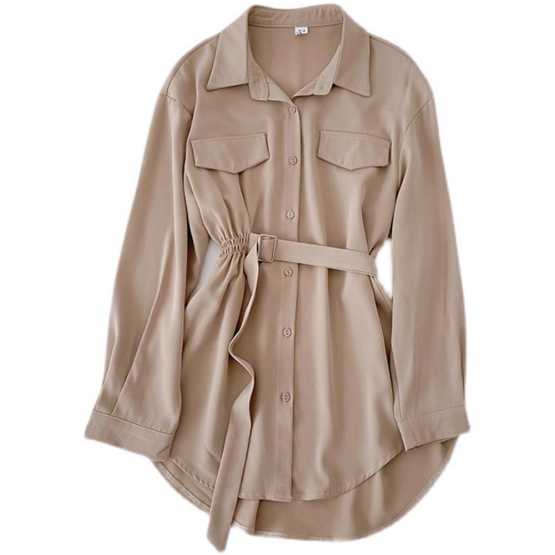 Women's Winter Mid-Length Korean Design Tie-up Long-Sleeved Shirt