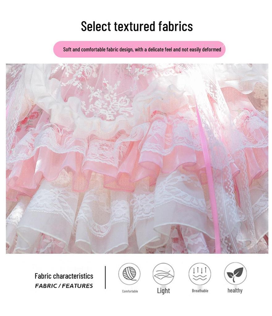 Girls' Pink Lolita Princess Dress - Summer Floral Birthday Gown