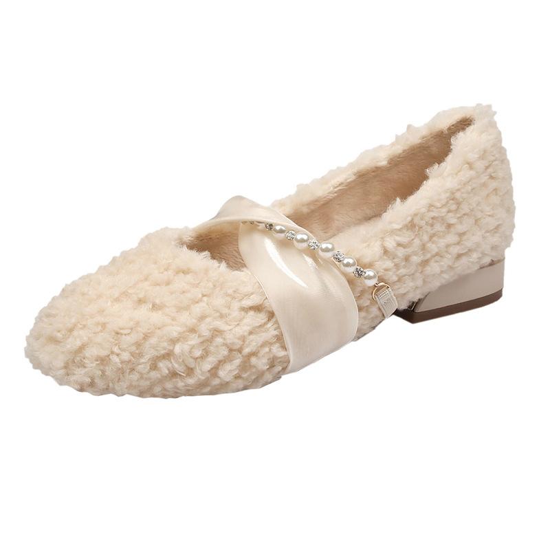 Fashion Shallow Mouth Women Shoes Autumn White Sneakers Round Toe Loafers Fur Fall Moccasin Winter Casual New Flock Solid Leisure Rubber