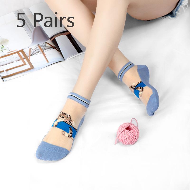 5 Pairs of Ladies Spring and Summer Thin Lovely Crystal Silk Transparent Socks
