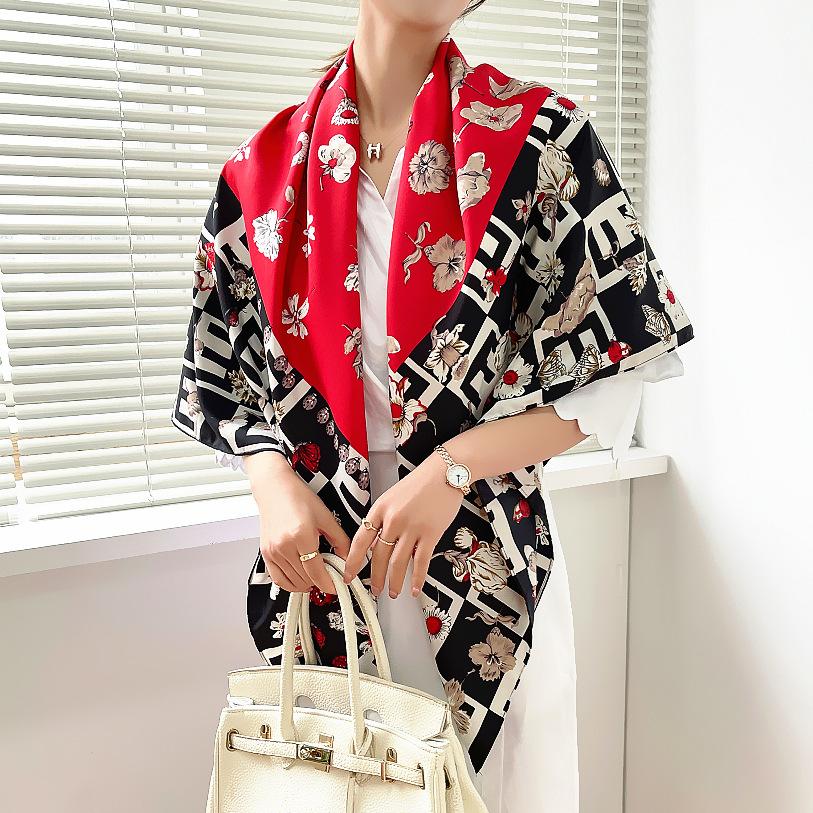 130cm Letter Color Matching Small Floral Scarf Silk Scarf Bandanna Square Scarves Women Kerchief For Ladies Shawl