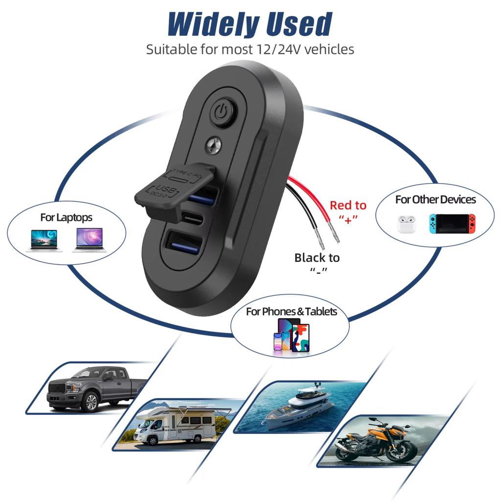 3-Ports USB Charger Socket Dual 18W QC3.0 36W PD3.0 12/24V Car Bus Boats Vehicle Universal Waterproof Charger Power Adapter
