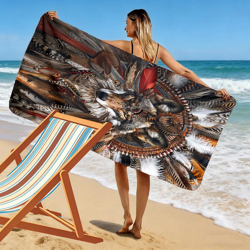 Native Indian Wolf Print Beach Towel, Large Soft Quick Dry Towel for Beach Camping Swimming