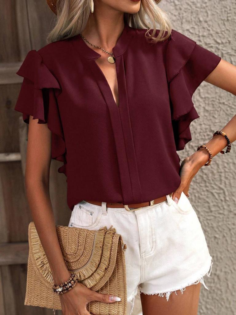 Women's Summer New V-Neck Casual Double Layer Ruffled Sleeve Solid Color Shirt Top