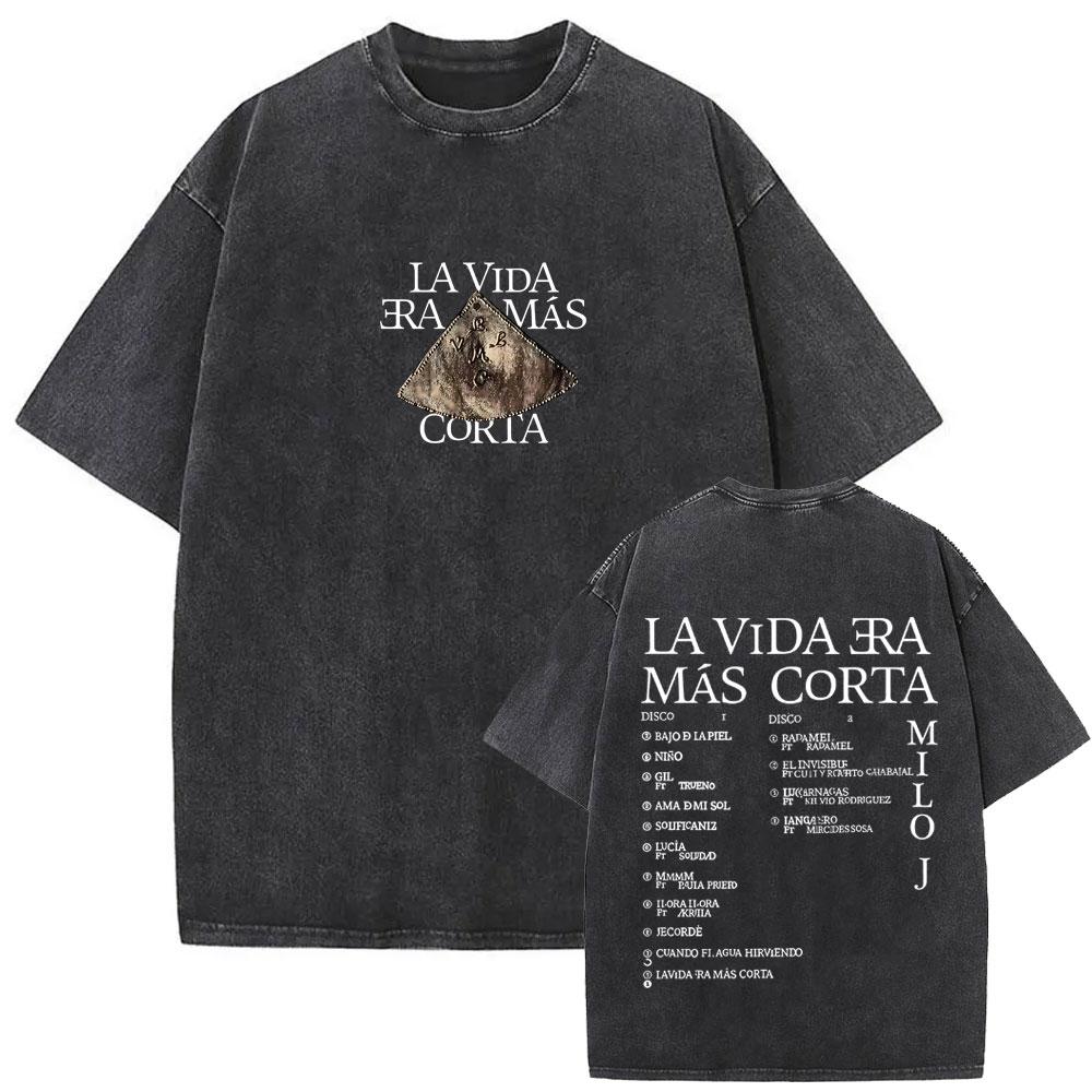 Gewaschenes Vintage Rapper Milo J La Vida Era Mas Corta Album Grafik T-Shirt Herren Damen Hip Hop Mode Popmusik T-Shirts Streetwear