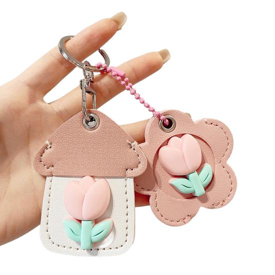2Pcs Elegant Tulip Key Holder Faux Leather House Shape Keychain