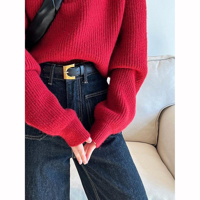 Women's Loose Knitted Pullovers Half Zipper Autumn Winter Turtleneck Sweaters Casual Comfortable Full Sleeve