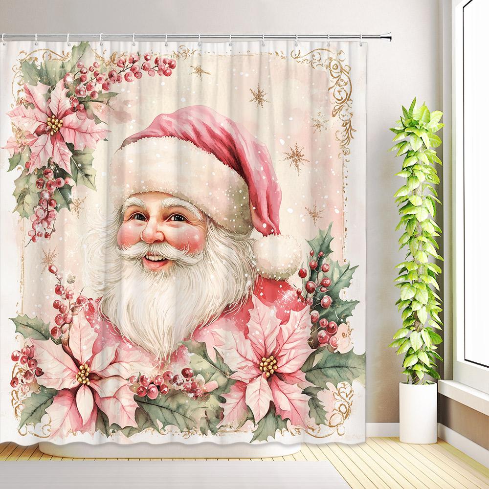 Winter Christmas Shower Curtain Pink Xmas Tree Snowman Santa Claus Snowflake New Year Bath Curtains Bathroom Decor with Hooks