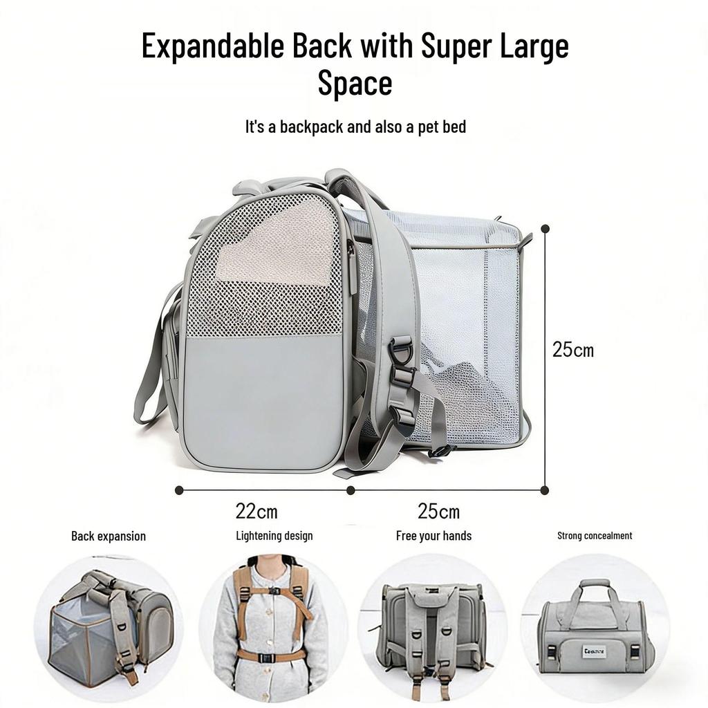 Expandable Breathable Pet Backpack: Large Capacity, Double Shoulder & Handheld for Dogs and Cats