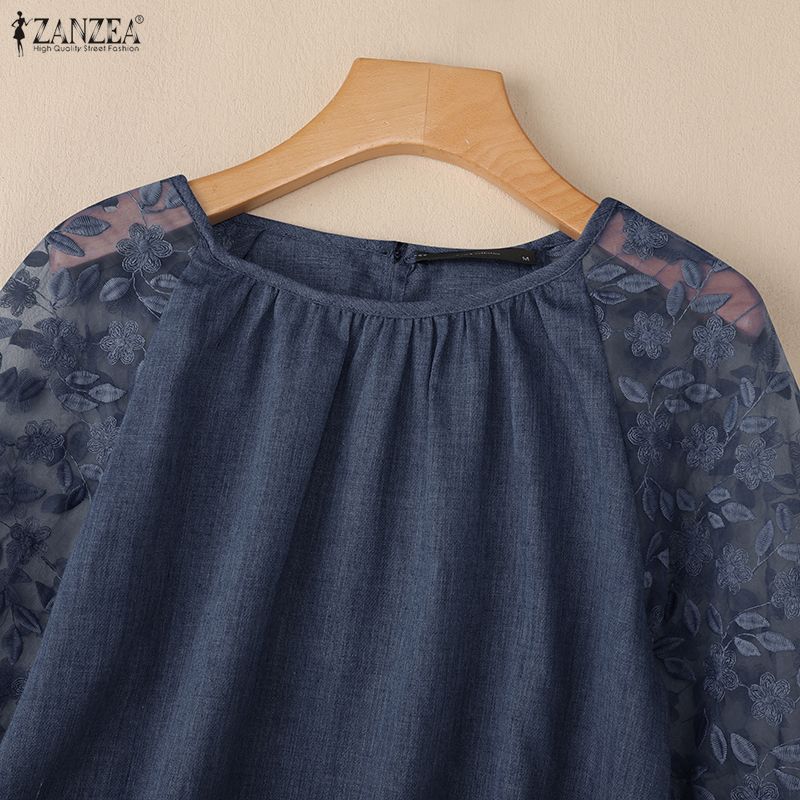 ZANZEA Kvinner Casual Mesh Spleis 3/4 Erme Løs O-hals Bluse