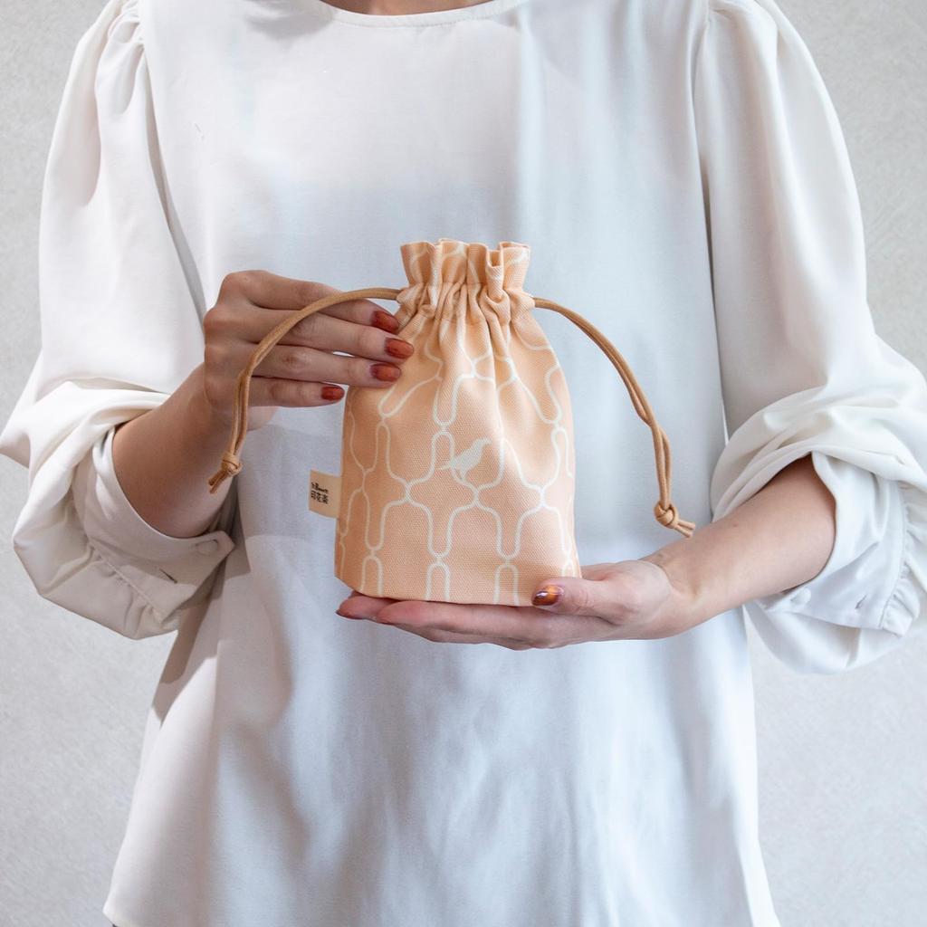 inBlooom Inkaraku Drawstring Bag, Women's Fabric Pouch, Small Storage Pouch for Small Items, with Gusset (Retro Window Glass, Apricot Blue)