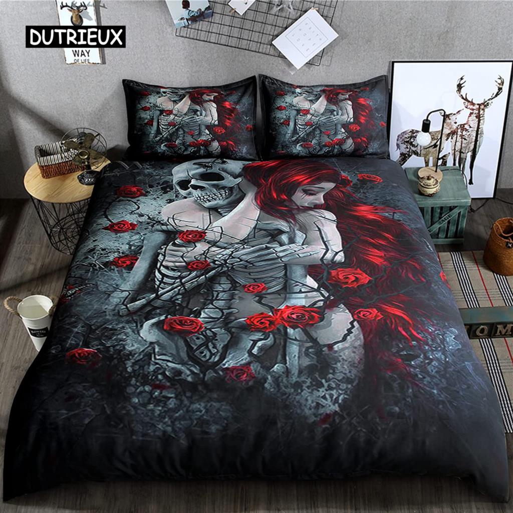 Sugar Skull Duvet Cover Set, Monochrome Skull with Roses Leaves and Diamond Shape Folklore Festival Print,Decorative Bedding Set