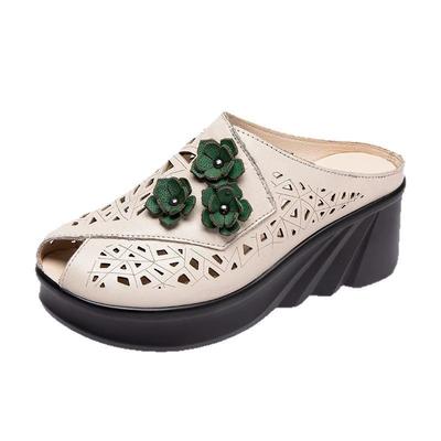 GKTINOO Flowers Hollow Women Shoes Mom Slippers Summer Peep Toe Wedges Sandals Genuine Leather Lady Slides Platform Shoes Woman