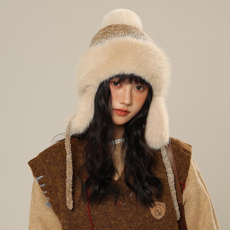 New Bomber Hat Women Thickened Faux Fur Hat Winter, Keep Warm Ear Hat, Cold-Proof Ski Hat