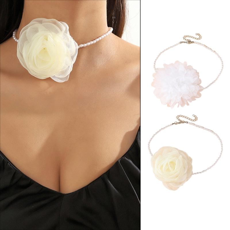 Simple Gauze Flowers Neckband Choker Necklace Jewelry Temperament Pearl Neck Chain Women Clavicle Chain Necklace
