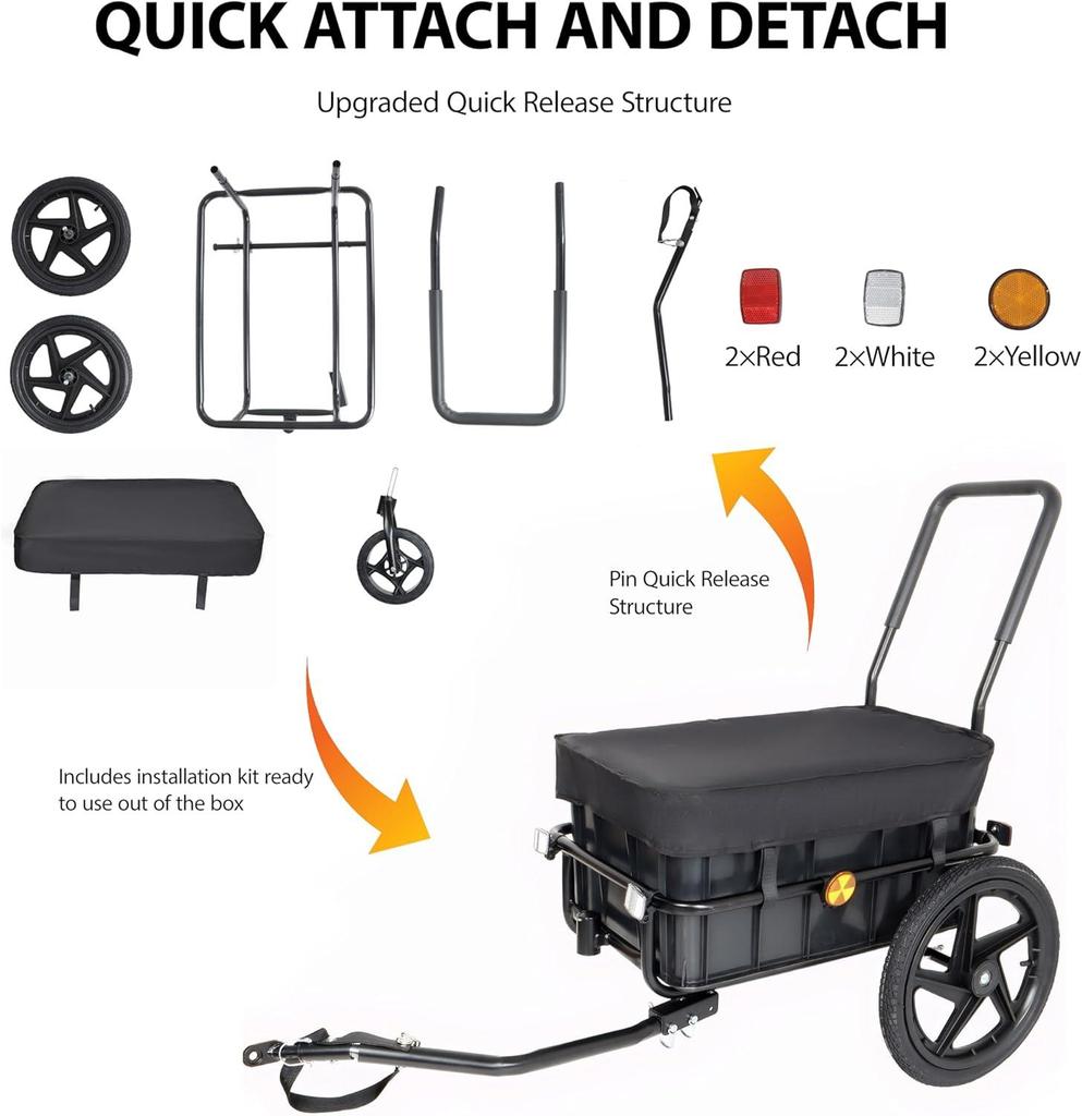 2-in-1 Fahrradanhänger & Schiebewagen, Wasserdicht, Abnehmbare Box, Reflektoren, Universelle Kupplung für Reisen & Einkaufen