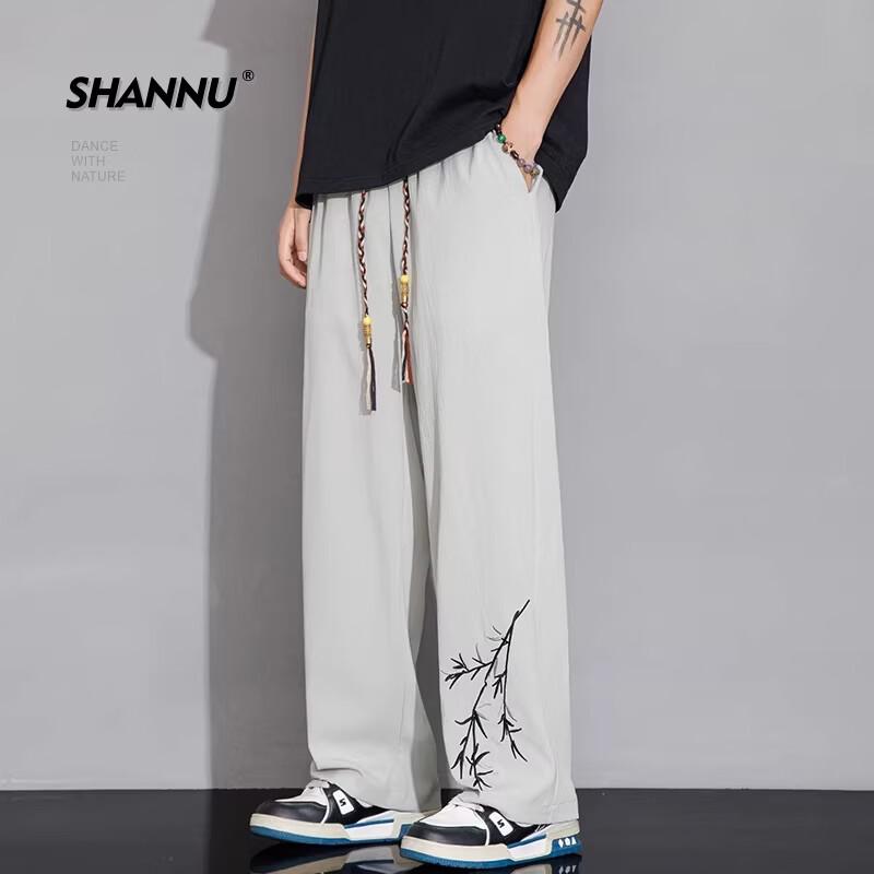 SHANNU Men s Summer Lightweight Chinese Style Embroidered Loose Straight Pants 3XL