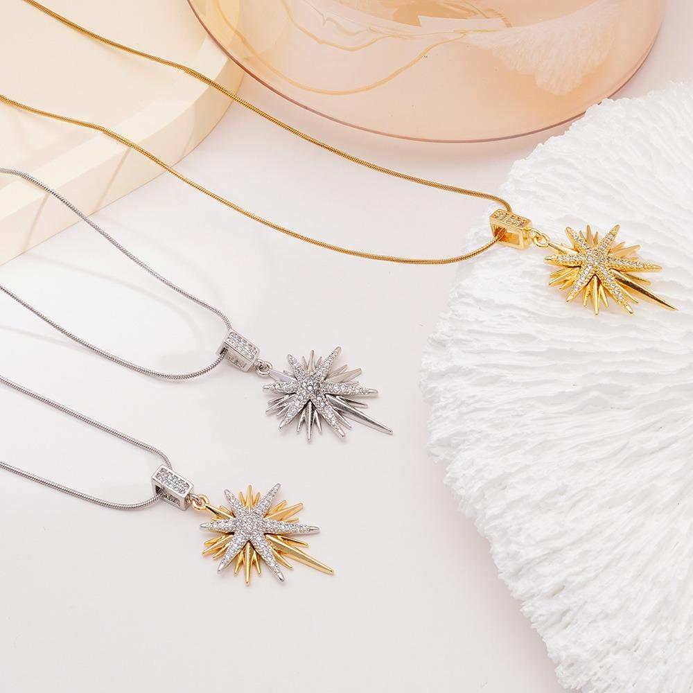 Fashion Temperament Stainless Steel Inlay Zircon Shiny Octagonal Star Pendant Necklace for Women Exquisite Charm Jewelry Gifts