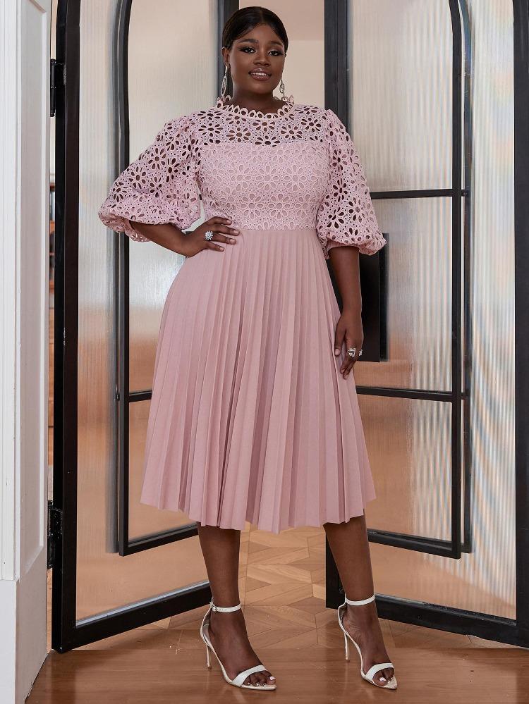 Elegant Women Formal Evening Party Dresses Pink Lace Hollow Out A-Line Pleated Gowns Slim Half Lantern Sleeve Celebration Events