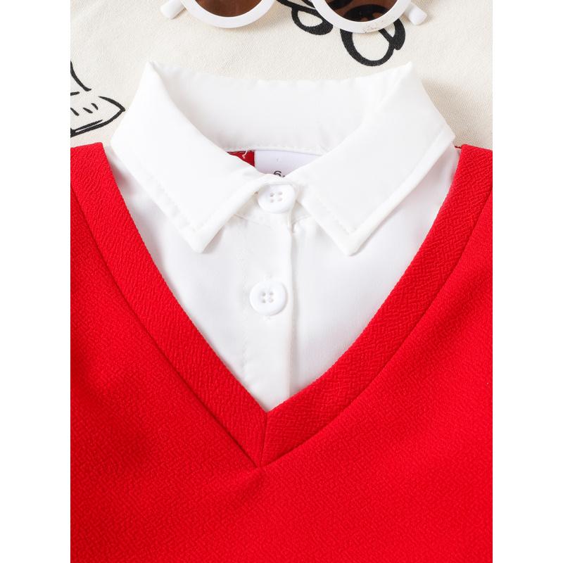 Spring and Autumn New Style Infant Toddler Girl Red Long Sleeve + Cherry Print Denim Skirt Set