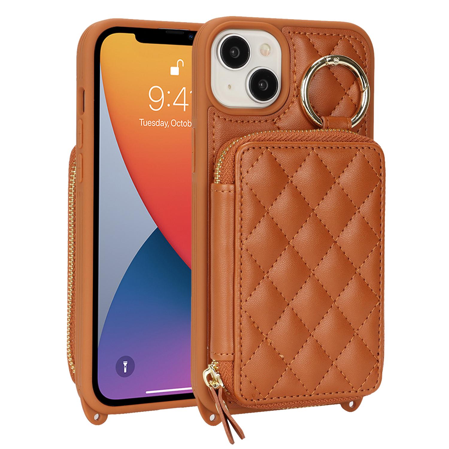 

For iPhone 14/13 Case Ring Holder Zipper Pocket Kickstand Leather Back Phone Cover with Shoulder Strap