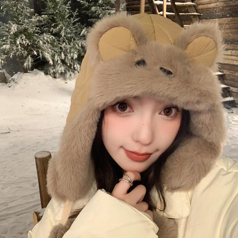 Cute Rabbit Ear Plush Hat for Women In Winter Plush Warm Lei Feng Hat Riding Cold Northeast Ear Protection Hat Thick