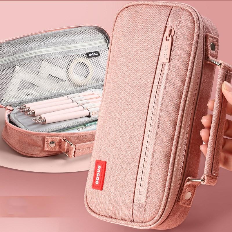 Portable Canvas Pencil Bag Student School Supplies Storage Bag Large Capacity Stationery Bag with Pen Holder Grid Belt Pen Case