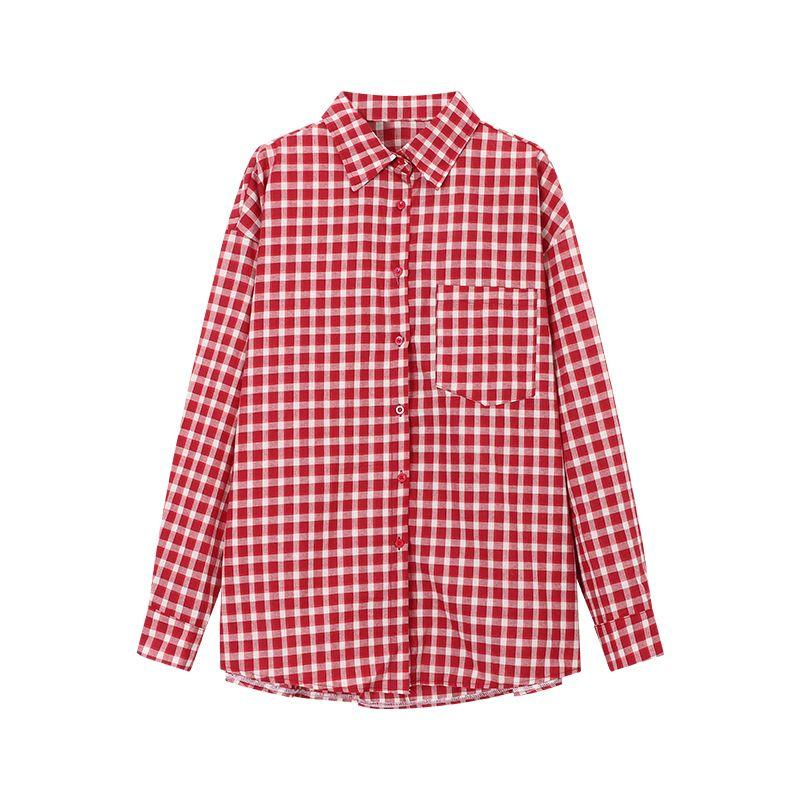 

Retro Red Gingham Shirt Long Sleeves Polo Collar Shirt Women s Clothing Early Autumn Niche Design Loose Figure Flattering Cardigan Red Gingham One size