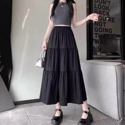 Beige Puffy A-Line Cake Skirt for Summer: Petite, Elastic Waist, High-Waisted, Slimming Mid-Length Skirt for Women