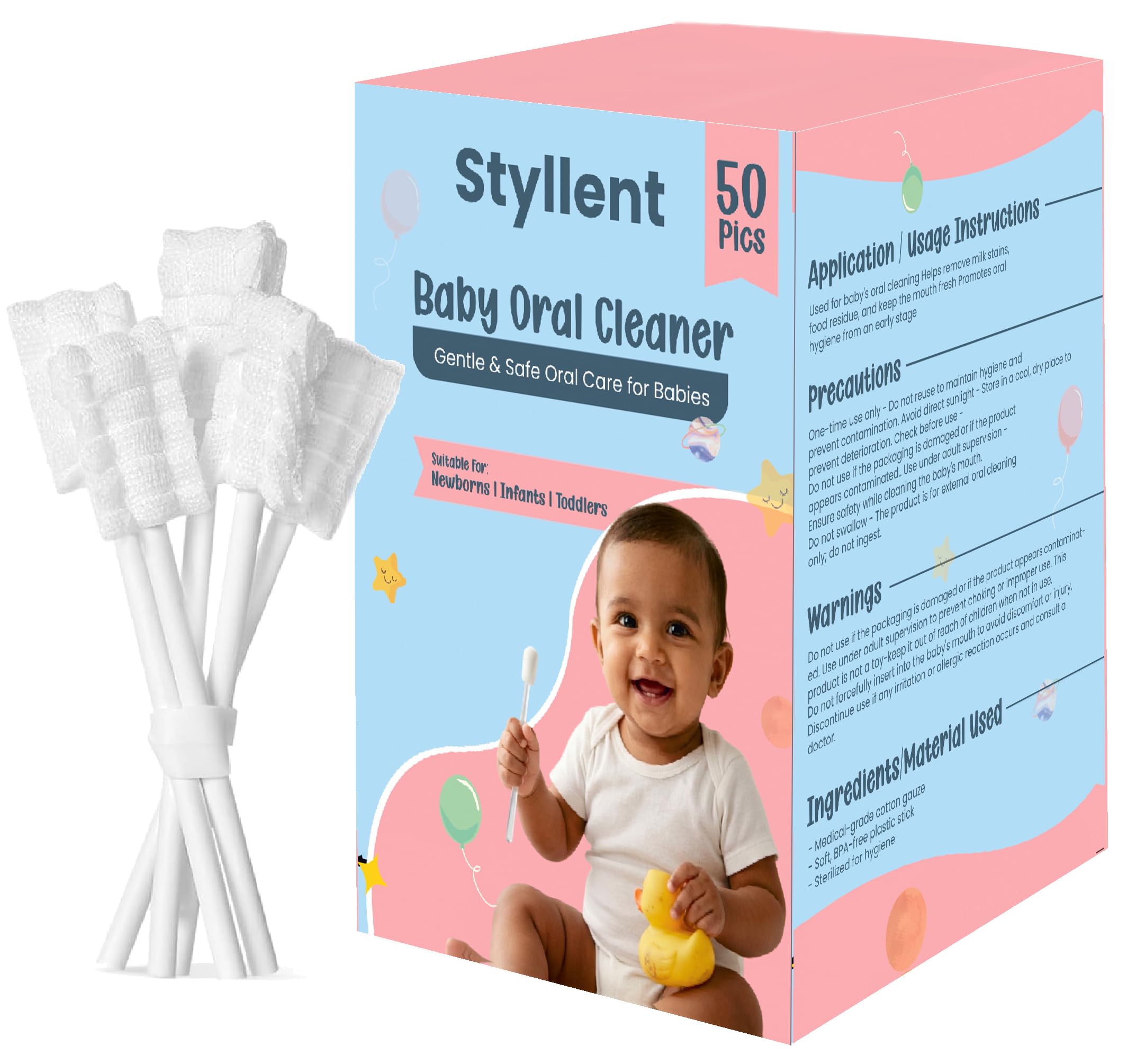 Styllent 50 Pcs Baby Tongue Cleaner Gauze, Baby Toothbrush Disposable Oral Cleaner, Toddler Tooth Brush for New Born Tooth Mouth Gum Clean, Infant