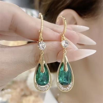 Trendy New Purple Water Drop Women's Dangle Earrings Green Crystal Pendants Gold Color Metal Ear Buckle Female Hanging Earrings