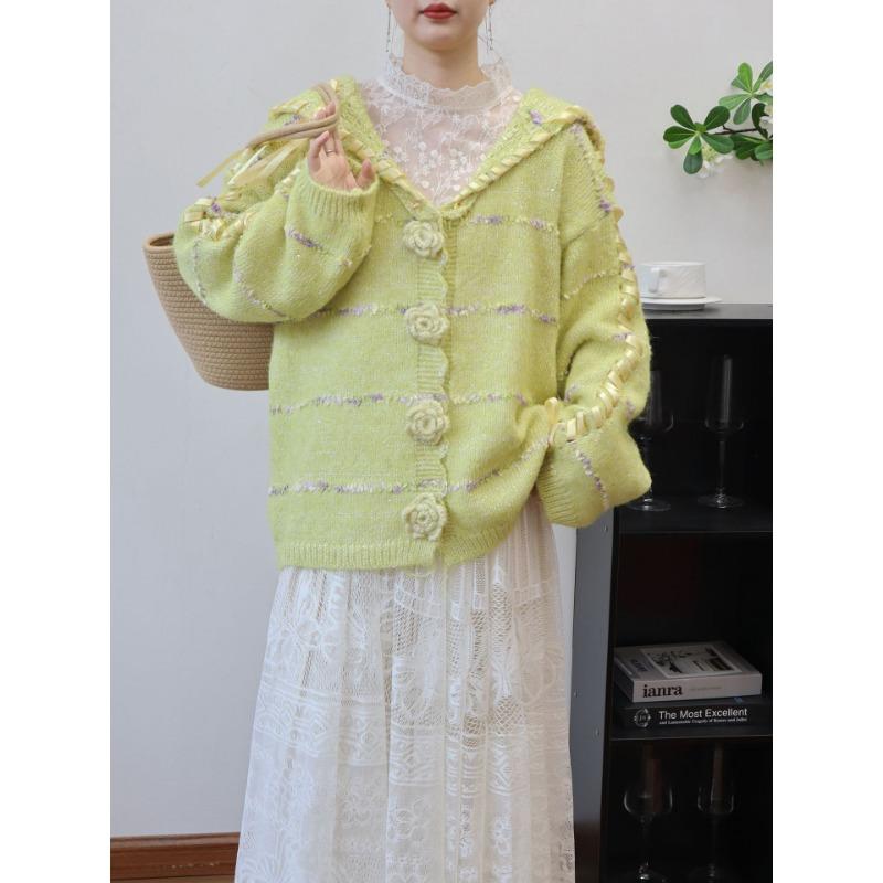 

Осень и зима новый трехмерный цветок стример дизайн чувство вязаный кардиган темно-синий воротник свободный свитер куртка женская one size fits all жёлтый