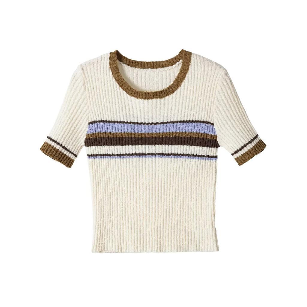 European and American Style New Women's Fashionable Round Neck Color-blocked Striped Vacation Top 8779144