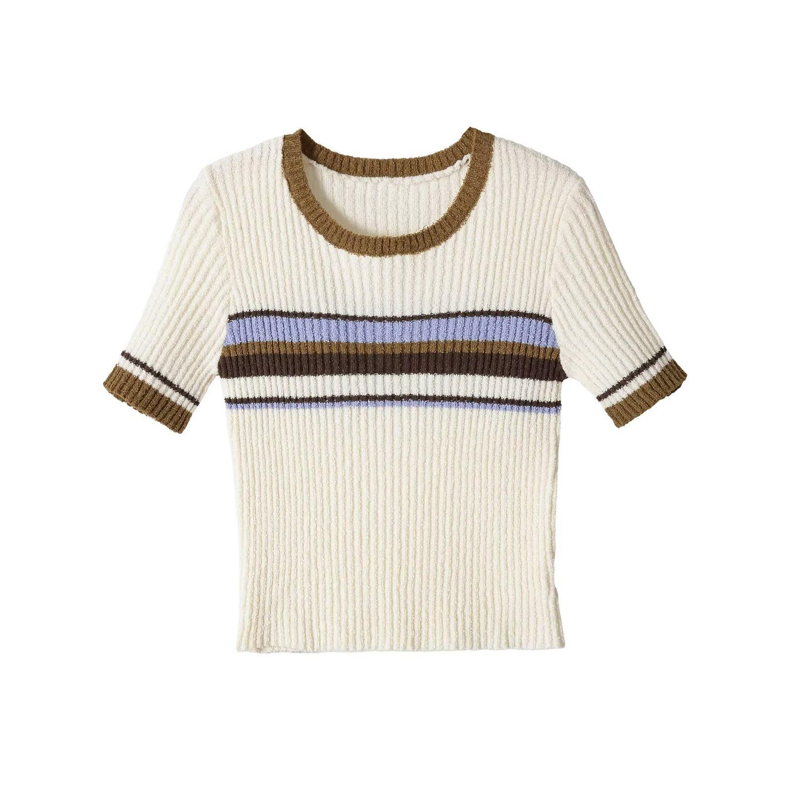 European and American style new women s fashionable round neck color-blocked striped vacation top 8779144 S