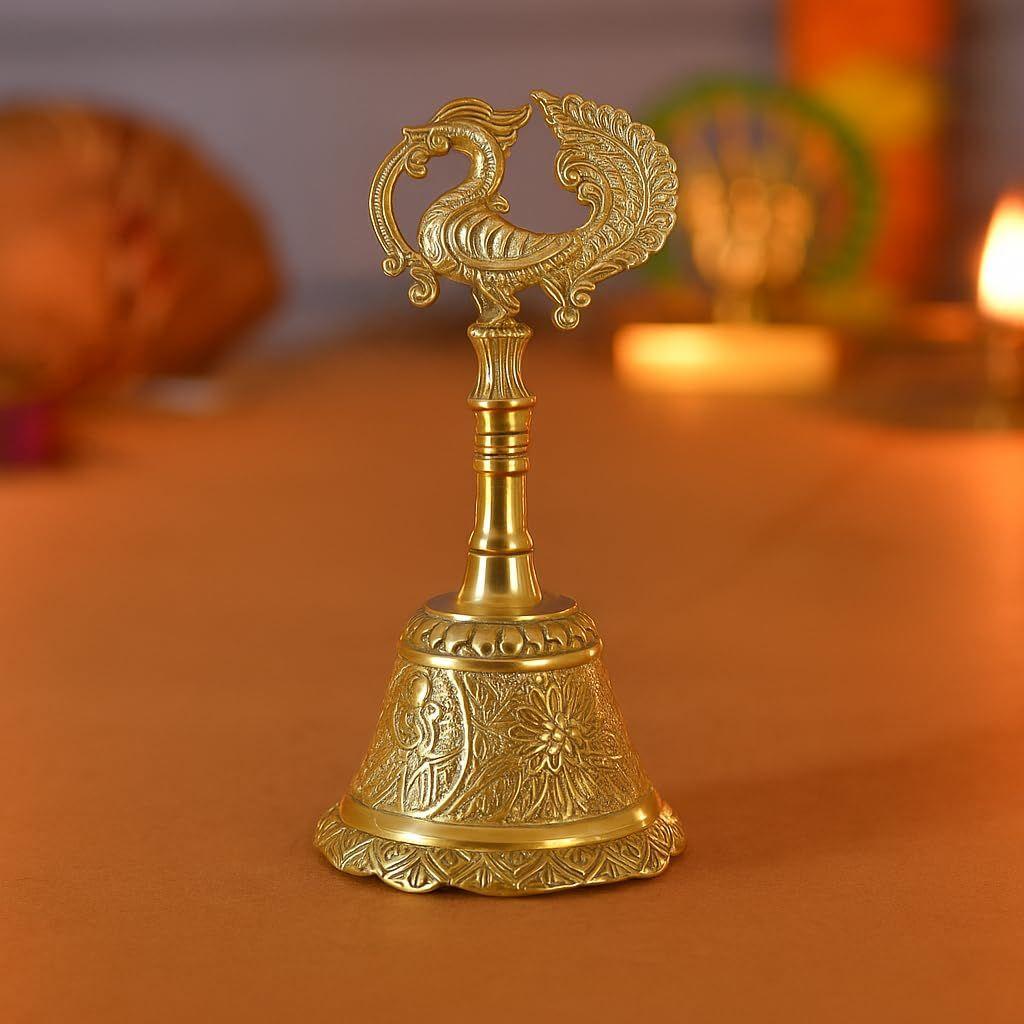 Craftvatika Brass Hand Bell for Pooja Ghanti for Mandir, Peacock Design Hand Bell Ghanti, Pooja Decoration Items, Home and Office Temple
