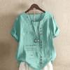 Women's Fashion Round Neck Short Sleeve T-shirt Casual Cotton Linen Graphic Shirt Leisure Loose Letter Pattern Prined Summer Blouse Tops
